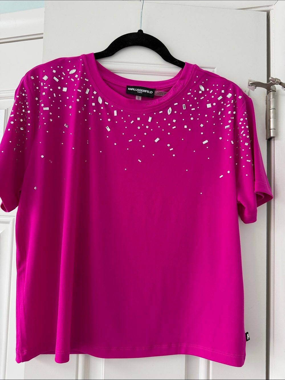 Karl Lagerfeld Hot Pink Short Sleeve Top with Silver Embellishments